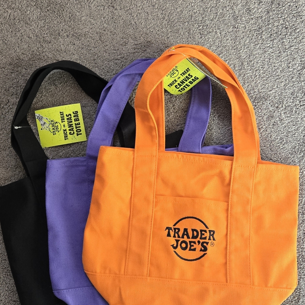 Trader Joe's Mini Tote Bags Set - Orange, Purple, Black